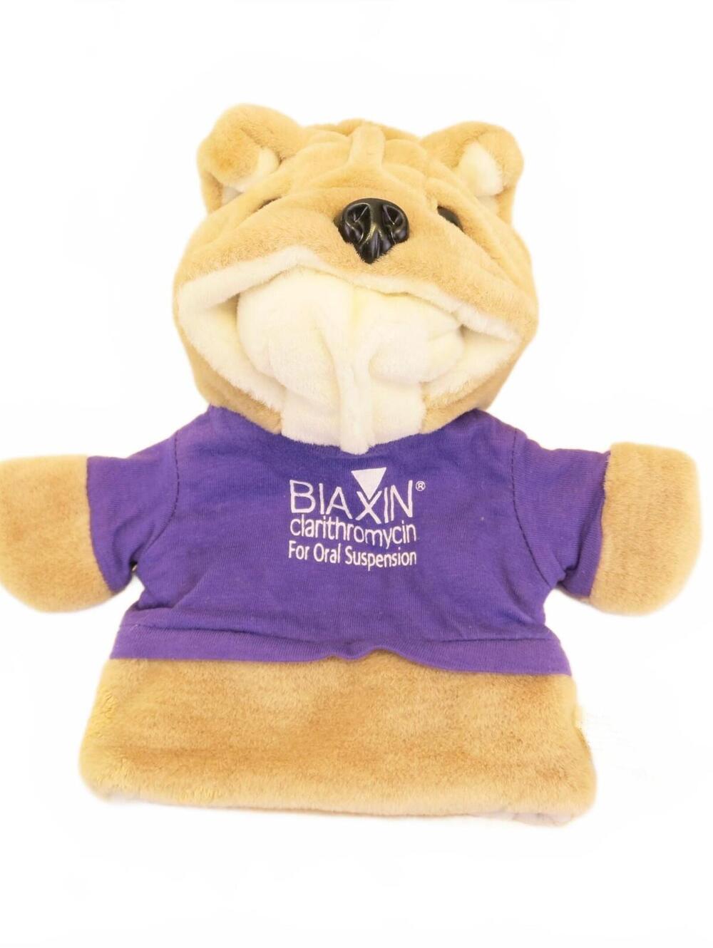 Biaxin Clarithromycin Plush Dog Puppet in Purple Shirt 10" Tall